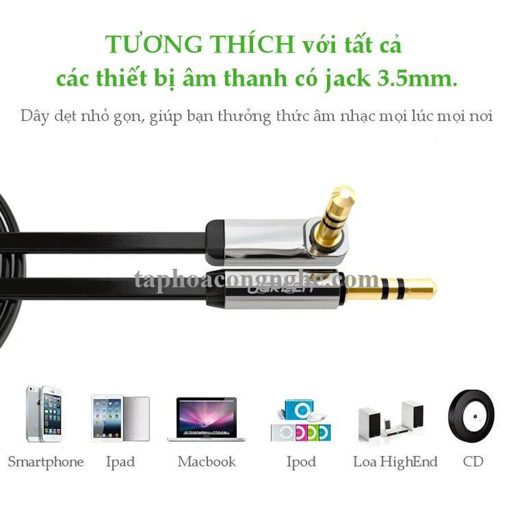 Ugreen 10756 0.5M màu Trắng Cáp âm thanh 2 đầu 3.5mm dương đầu vuông góc mạ vàng AV119 30010756